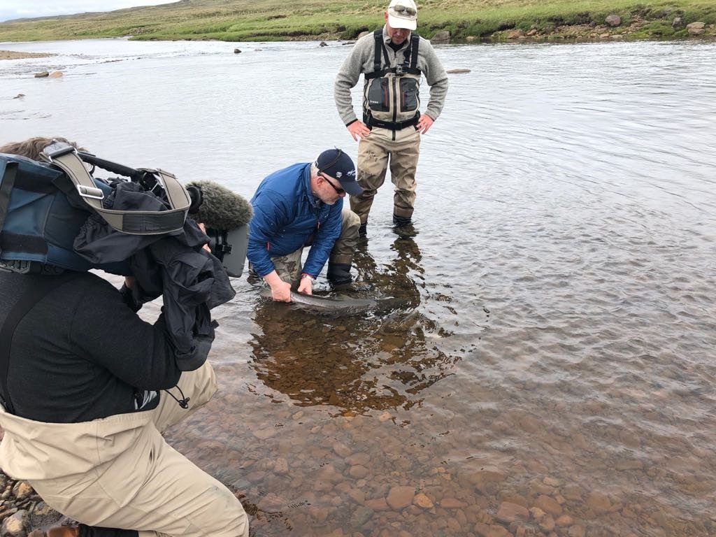 rabbi and jonni releasing salmon